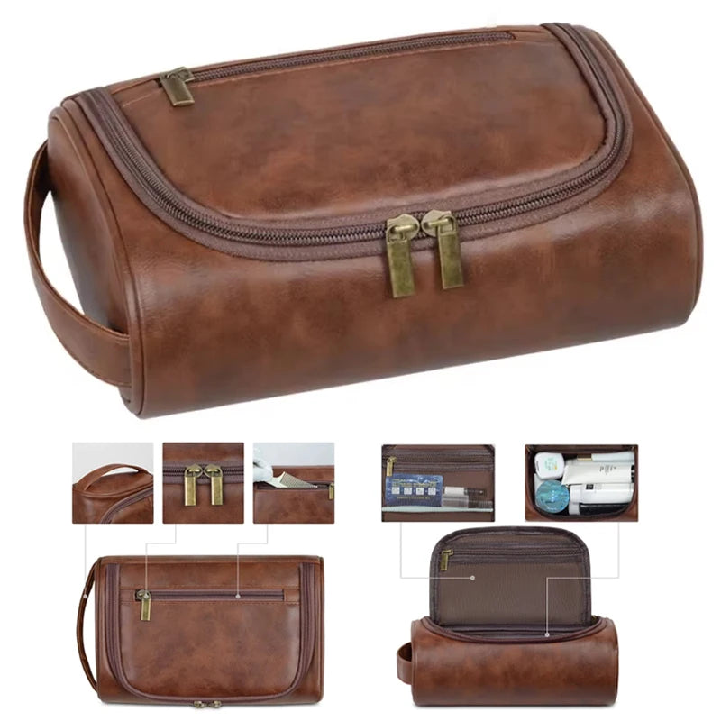 High Quality Travel Toiletry Bag For Women Men Retro PU Leather Cosmetic Bags Female Waterproof Travel Makeup Bag